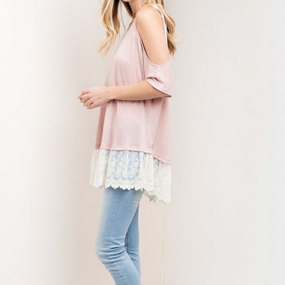Kori America cold shoulder mesh lace blush oversized relaxed fit top Size Medium